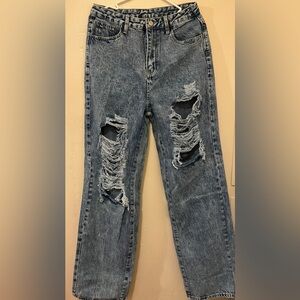 Distressed Blue Jeans. Boyfriend jeans. Wide leg jeans.